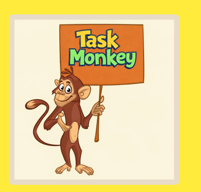 Task Monkey — monkey holding sign (Task on first line, Monkey on second)